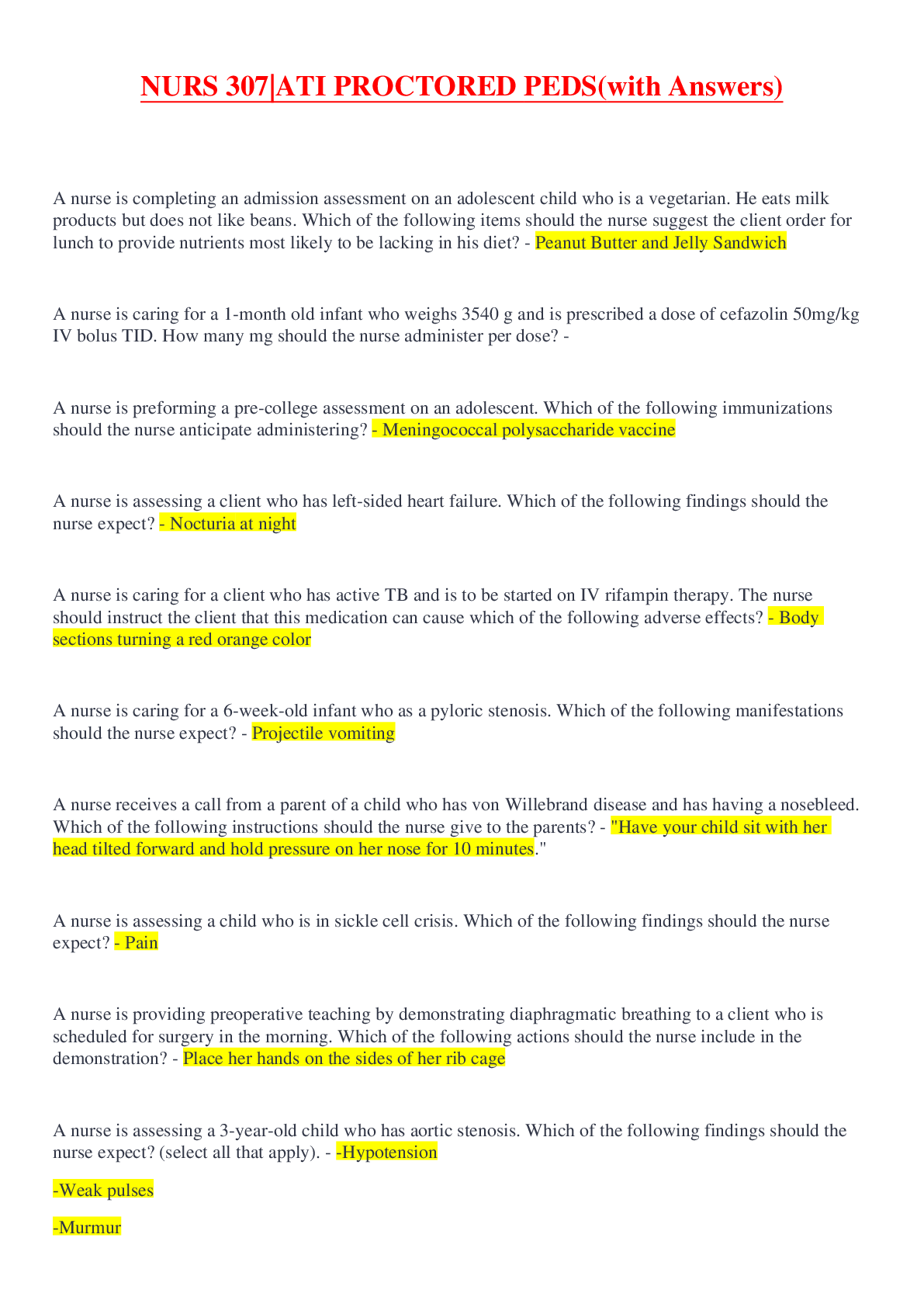 Preview image for NURS 307|ATI PROCTORED PEDS(with Answers)